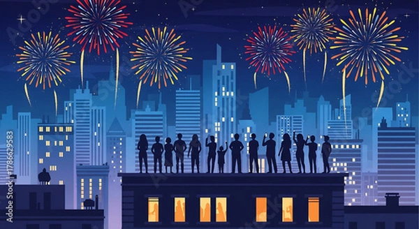 Obraz Celebration Fireworks Over City Skyline With People on Rooftop