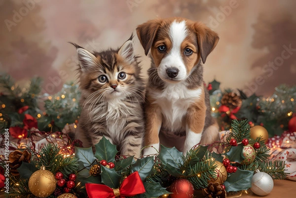 Obraz Christmas cat and dog. Kitten and puppy on christmas decoration