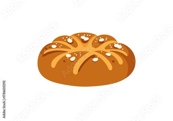 Obraz Stylized illustration of a round scored brown bread roll with white salt crystals