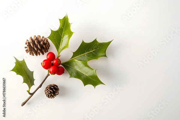 Obraz Christmas decoration of holly berry and pine cone on white background