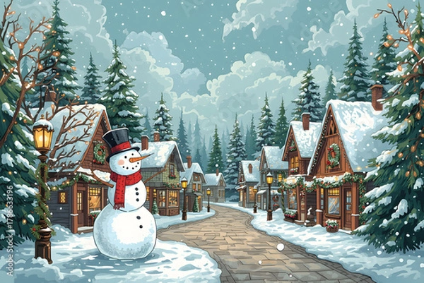 Obraz Winter Christmas Street Village City with trees, pine, fir, snow and snowman. Hand drawn illustration.