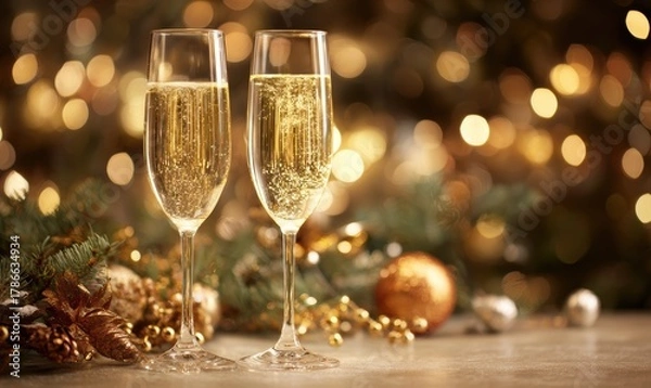 Fototapeta Two champagne glasses are on a table with a Christmas tree in the background