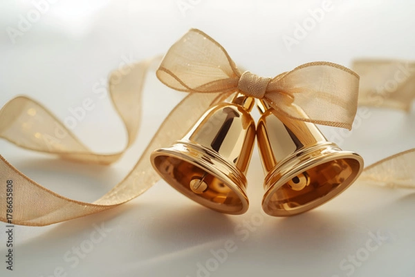 Obraz Gold christmas bells. A pair of christmas decorations. Gold bells with ribbon