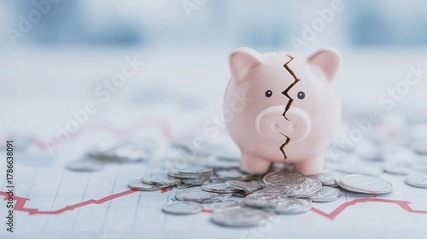 Fototapeta Broken Piggy Bank with Coins and Declining crisis Market