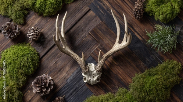 Fototapeta Deer skull with antlers on rustic wooden background