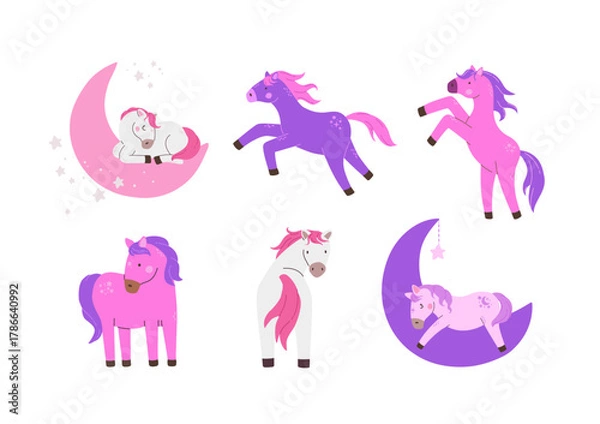Fototapeta Set of cartoon funny whimsical horse vector illustrations. Cute fantasy dream pony sleeping on moon.