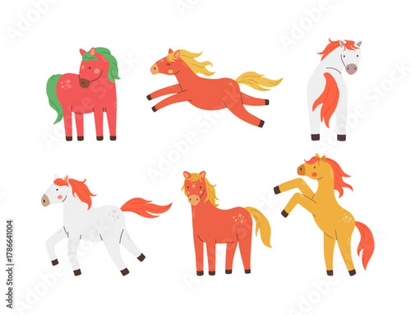 Fototapeta Set of Сute cartoon horse characters in joyful poses vector illustration. Chinese New Year 2026