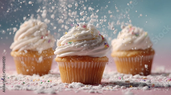 Fototapeta High-speed photo of mini cupcakes with white frosting and powdered sugar snow spinning mid-air with sparkling highlights against soft pastel background, shallow focus
