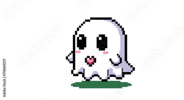 Fototapeta Cute pixel art ghost character with loving heart expression isolated on transparent background for game design