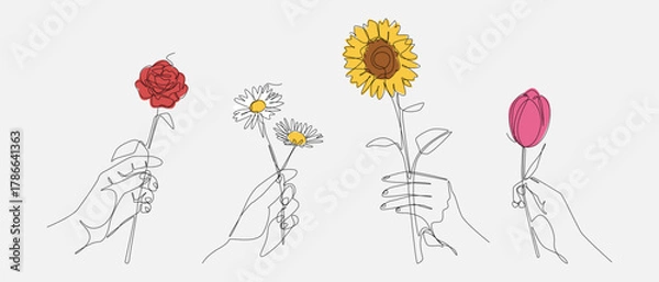 Fototapeta Continuous One Line Drawing of Hand Holding Flowers. Rose, Daisy, Sunflower, and Tulip. Editable Line. Vector Illustration.
