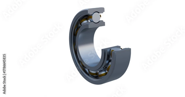 Fototapeta Close up view of a deep groove ball bearing cross-section revealing internal elements namely inner race, outer race, cage and ball elements.