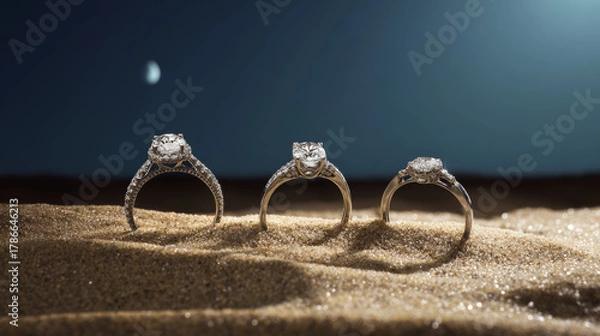 Fototapeta Diamond engagement rings sparkling on sand under moon