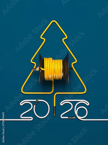 Fototapeta A symbolic Christmas tree laid out of a cable and a coil. Creative 2026 New year template on a power engineering theme.