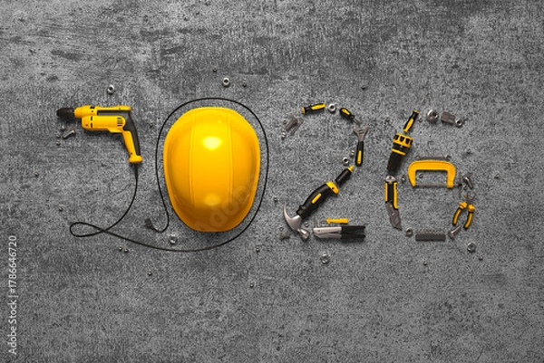 Obraz Creative 2026 New Year design template on engineering, construction, interior finishing, repair and maintenance theme. 3d render illustration for a greeting card, calendar or banner.