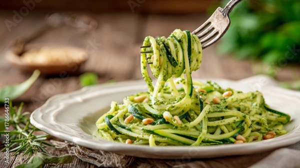 Fototapeta Zucchini pesto noodles with pine nuts on fork