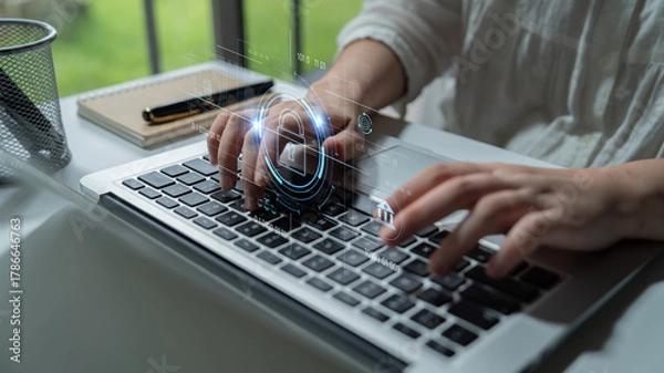 Fototapeta Cybersecurity system interface with biometric lock and data protection. Cybersecurity protects access, identity, cyber security prevents threats, and cyber security supports digital systems. Latch