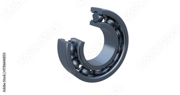 Fototapeta Close up view of a deep groove ball bearing cross-section revealing internal elements namely inner race, outer race, cage and ball elements.