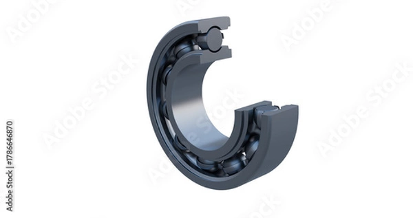 Fototapeta Close up view of a deep groove ball bearing cross-section revealing internal elements namely inner race, outer race, cage and ball elements.