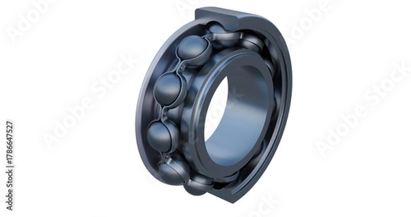 Fototapeta Close up view of a deep groove ball bearing cross-section revealing internal elements namely inner race, outer race, cage and ball elements.