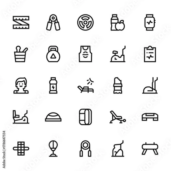 Fototapeta 25 set of outline web gym icons such as grippers, sauna, trainer, stationary bike, abdominal vector thin icons for report, presentation, diagram, web design, mobile app