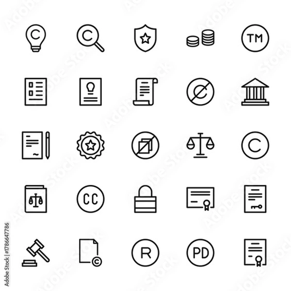 Fototapeta 25 set of outline web copyright icons such as copyright, content,  , law book, law vector thin icons for report, presentation, diagram, web design, mobile app