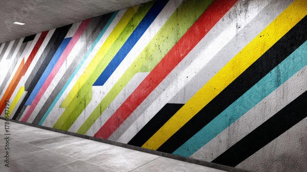 Fototapeta Colorful abstract stripes painting on concrete wall urban hallway