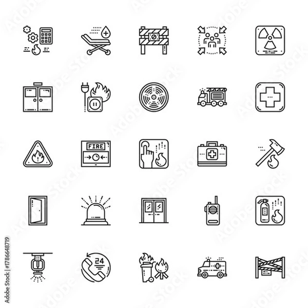 Fototapeta 25 set of outline web emergency icons such as stretcher, doors, fire, exit door, sprinkler vector thin icons for report, presentation, diagram, web design, mobile app
