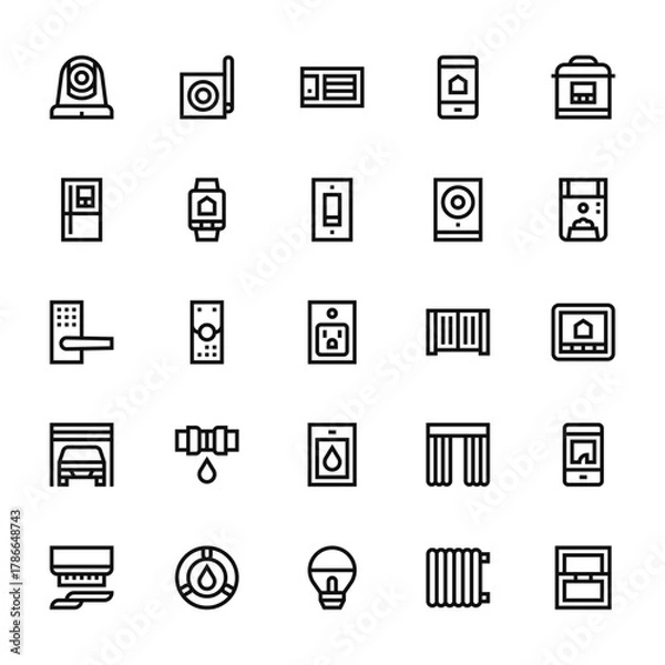 Fototapeta 25 set of outline web home automation icons such as receiver, fridge, lock, garage, smoke detector vector thin icons for report, presentation, diagram, web design, mobile app