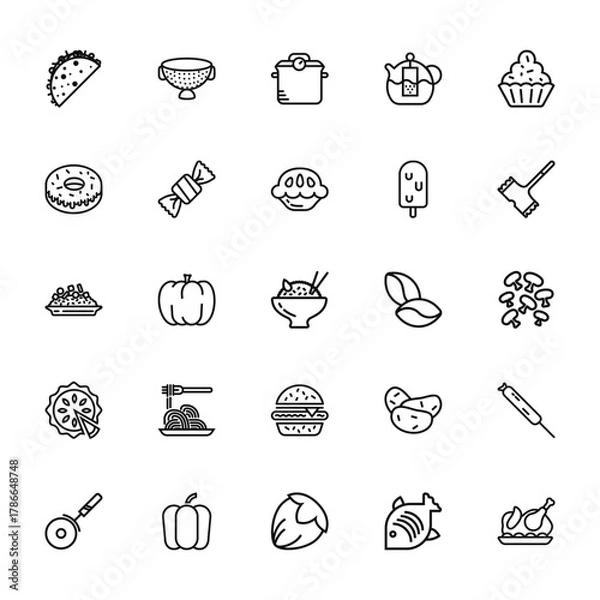 Fototapeta 25 set of outline web gastronomy collection icons such as strainer, doughnut, risotto, pie, pizza vector thin icons for report, presentation, diagram, web design, mobile app