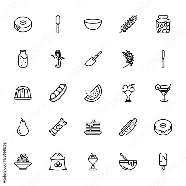 Fototapeta 25 set of outline web gastronomy collection icons such as knife, water, pudding, pear, pasta vector thin icons for report, presentation, diagram, web design, mobile app