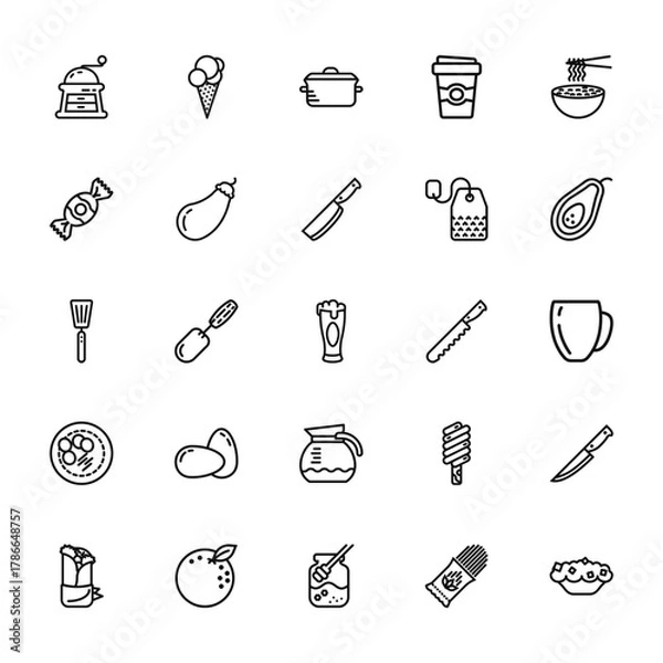Fototapeta 25 set of outline web gastronomy collection icons such as ice cream, candy, spatula, potatoes, kebab vector thin icons for report, presentation, diagram, web design, mobile app
