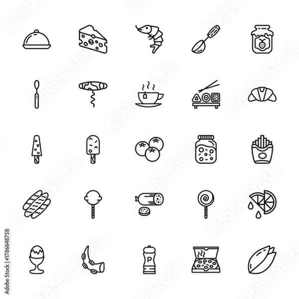 Fototapeta 25 set of outline web gastronomy collection icons such as cheese, teaspoon, ice cream, bread, boiled vector thin icons for report, presentation, diagram, web design, mobile app