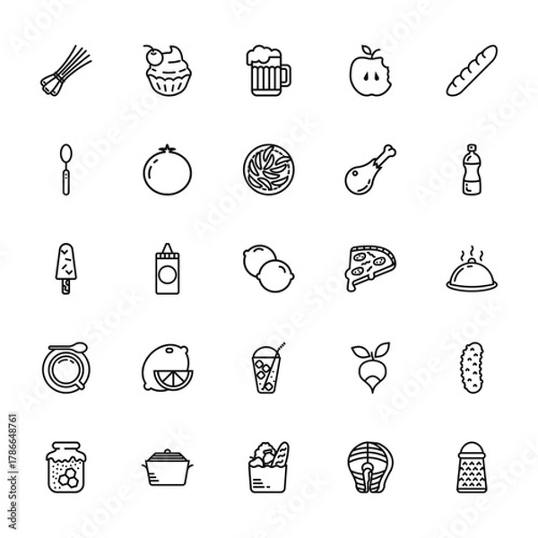 Fototapeta 25 set of outline web gastronomy collection icons such as cupcake, spoon, ice cream, coffee, honey vector thin icons for report, presentation, diagram, web design, mobile app