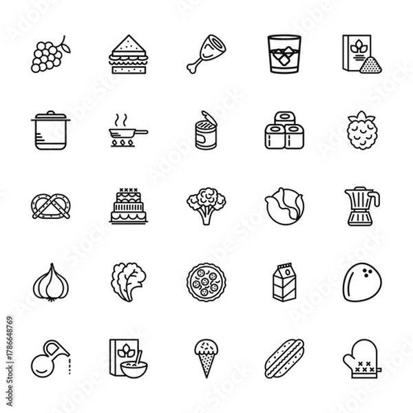 Fototapeta 25 set of outline web gastronomy collection icons such as sandwich, pot, pretzel, garlic, oil vector thin icons for report, presentation, diagram, web design, mobile app