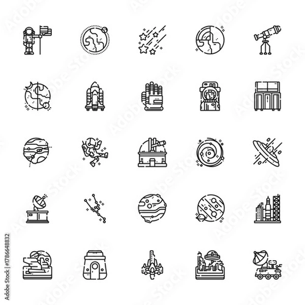 Fototapeta 25 set of outline web space icons such as earth, day and night, eclipse, satellite dish, planet vector thin icons for report, presentation, diagram, web design, mobile app