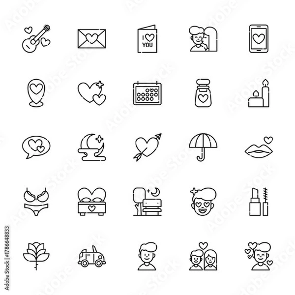 Fototapeta 25 set of outline web date night icons such as letter, placeholder, talk, underwear, flower vector thin icons for report, presentation, diagram, web design, mobile app