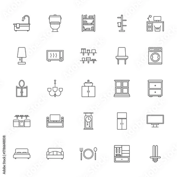 Fototapeta 25 set of outline web furniture icons such as toilet, lamp, dressing table, kitchen cabinet, double bed vector thin icons for report, presentation, diagram, web design, mobile app