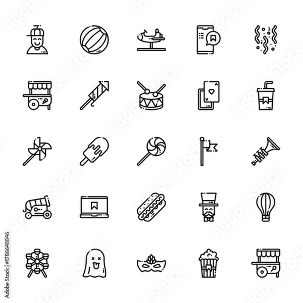 Fototapeta 25 set of outline web fair icons such as ball, stand, windmill, cannon, wheel vector thin icons for report, presentation, diagram, web design, mobile app