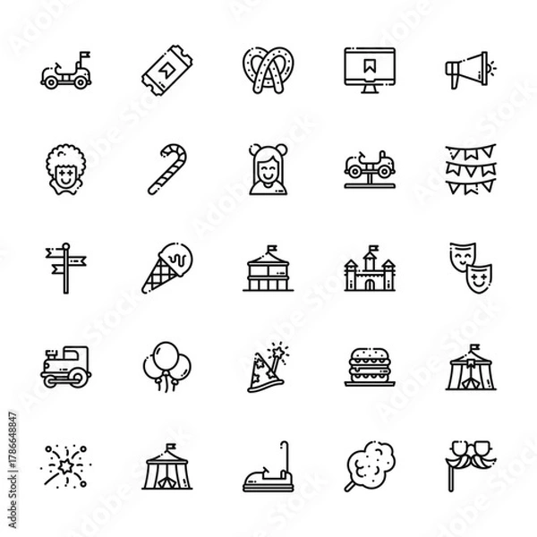 Fototapeta 25 set of outline web fair icons such as ticket, clown,  , train, fireworks vector thin icons for report, presentation, diagram, web design, mobile app