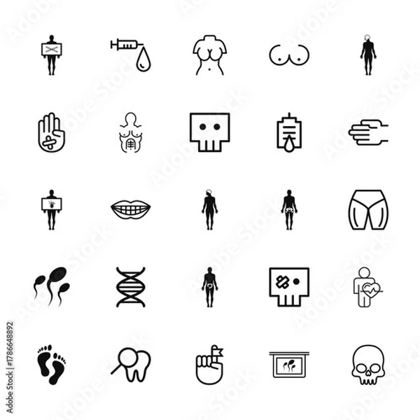 Fototapeta 25 set of outline web collection. thin line icons such as small syringe with large droplet of fluid, hand showing palm, male, sperms, human footprints vector thin icons for report, presentation,