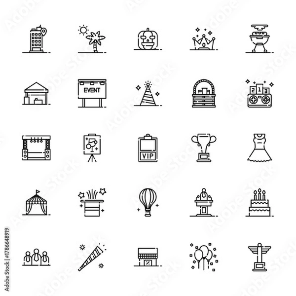 Fototapeta 25 set of outline web event icons such as botanical, booth, stage, circus tent, audience vector thin icons for report, presentation, diagram, web design, mobile app
