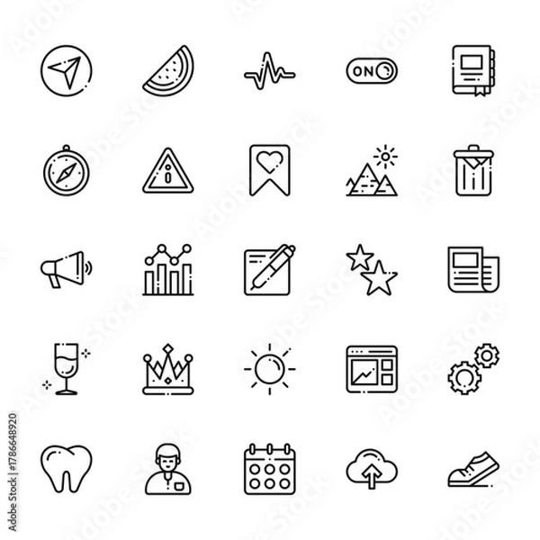 Fototapeta 25 set of outline web tab bar and settings icons such as fruit, compass, advertising, wine, dentist vector thin icons for report, presentation, diagram, web design, mobile app