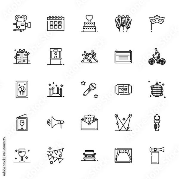 Fototapeta 25 set of outline web event icons such as date, present, event poster, invitation, wine vector thin icons for report, presentation, diagram, web design, mobile app