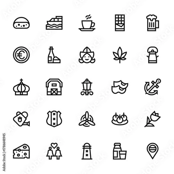 Fototapeta 25 set of outline web holland icons such as boat, coin, crown, watering can, cheese vector thin icons for report, presentation, diagram, web design, mobile app