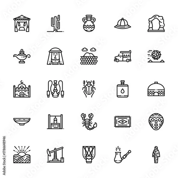 Fototapeta 25 set of outline web desert icons such as cactus, lamp, mosque, plate, sun vector thin icons for report, presentation, diagram, web design, mobile app