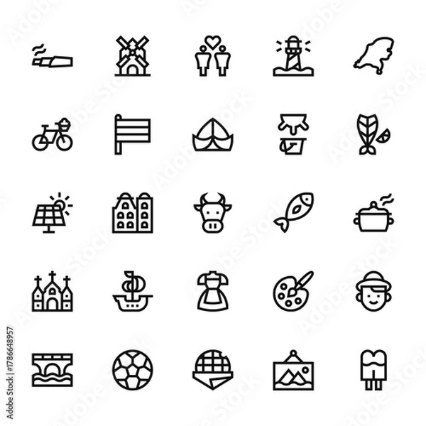 Fototapeta 25 set of outline web holland icons such as windmill, bicycle, solar panel, church, bridge vector thin icons for report, presentation, diagram, web design, mobile app