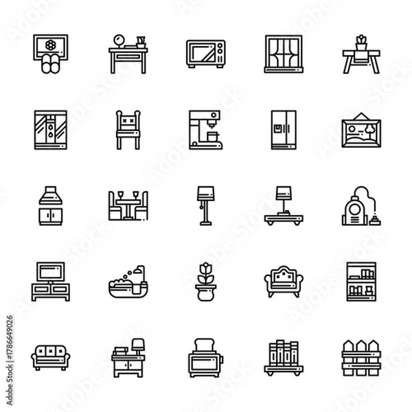Fototapeta 25 set of outline web home and living icons such as dressing table, shower, hood, tv, sofa vector thin icons for report, presentation, diagram, web design, mobile app