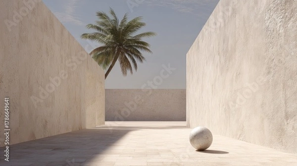 Fototapeta Beige stone walls enclose a courtyard with a palm tree.