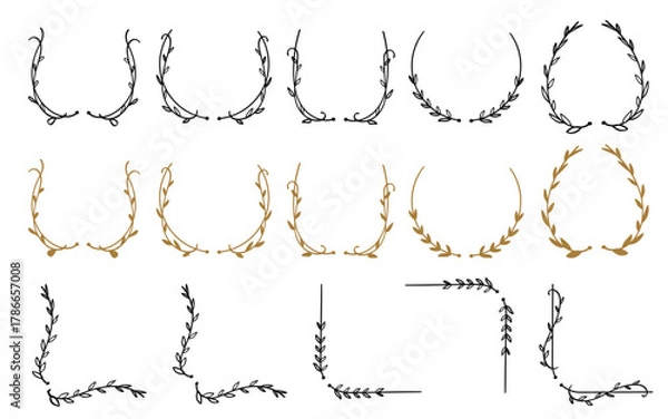 Fototapeta Black and Gold Vintage Nature Leaves Border Set Used for Wedding Invitation Template.Vector Illustration