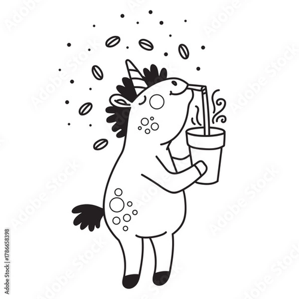 Obraz Cute unicorn drinking cup of coffee coloring vector illustration
